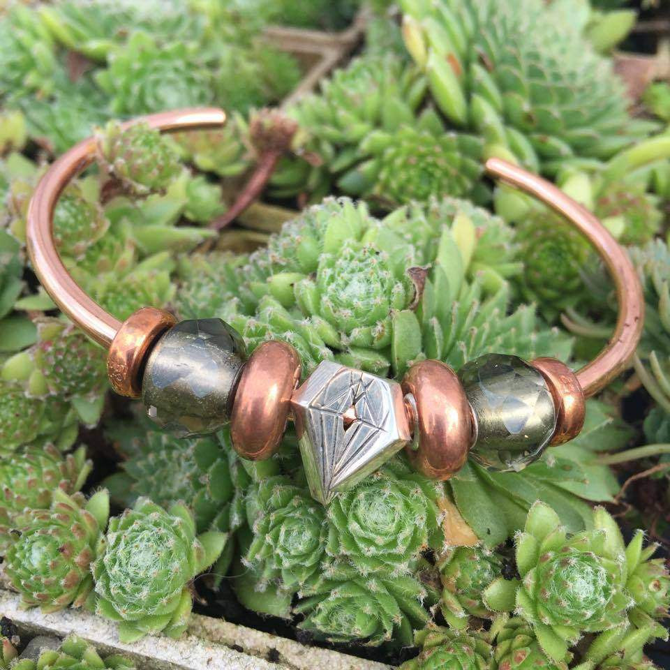 Trollbeads Grey Prism Glass Bead on Trollbeads Copper Bangle with Copper Stoppers